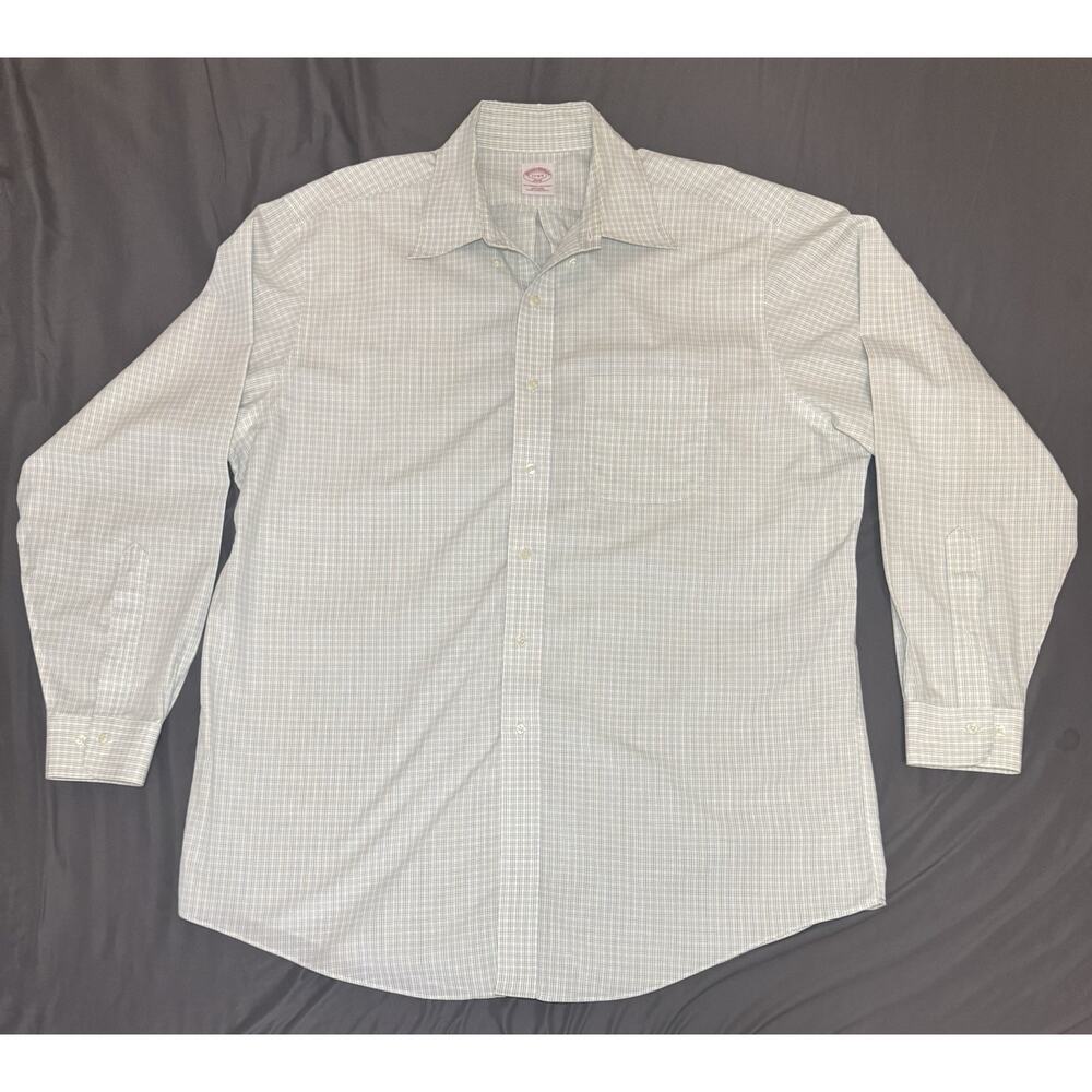 Brooks Brothers Non‎ Iron Men's 17-4/5 White Green Blue Check Button Up LS